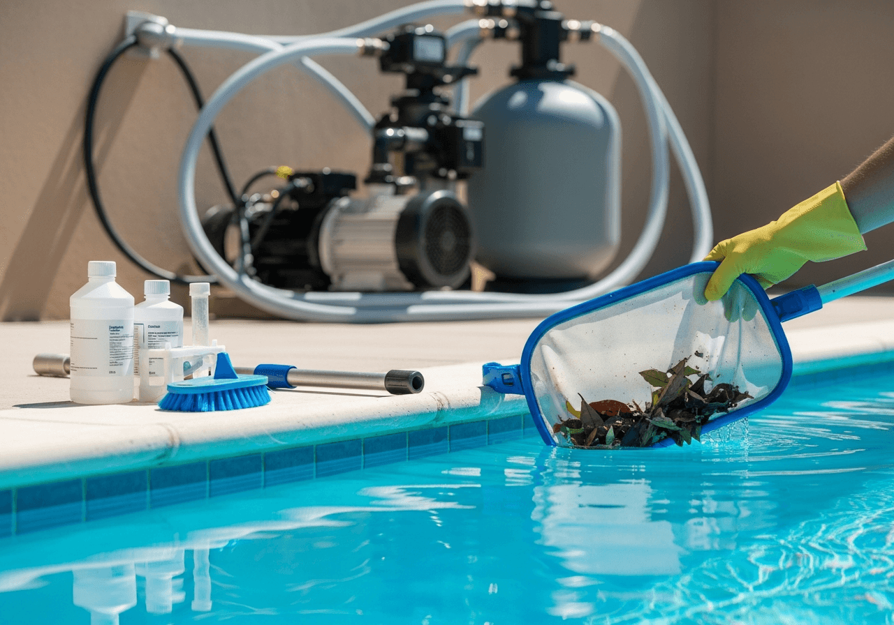 Clean pool with clear water and maintained equipment